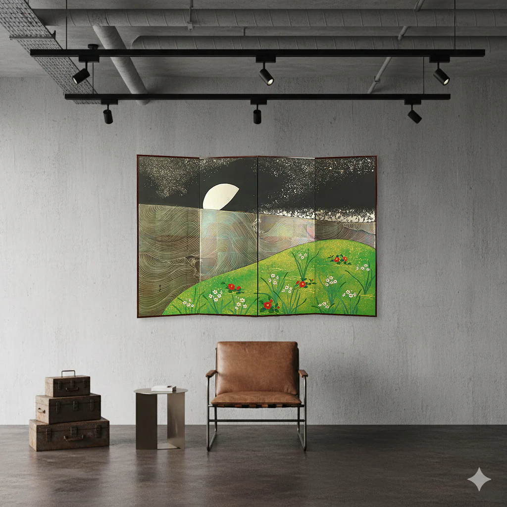 翠芳 Suiho "First Quarter Moon Waves and Flowers" Byobu Four Panels Folding Screens Room Dividers VA960