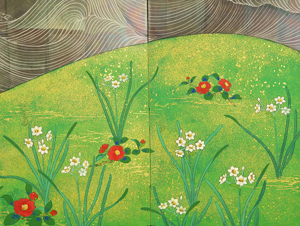 翠芳 Suiho "First Quarter Moon Waves and Flowers" Byobu Four Panels Folding Screens Room Dividers VA960 - Image 11