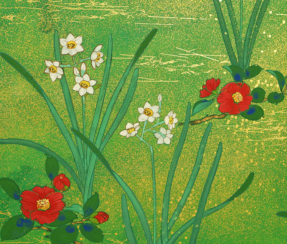 翠芳 Suiho "First Quarter Moon Waves and Flowers" Byobu Four Panels Folding Screens Room Dividers VA960 - Image 19