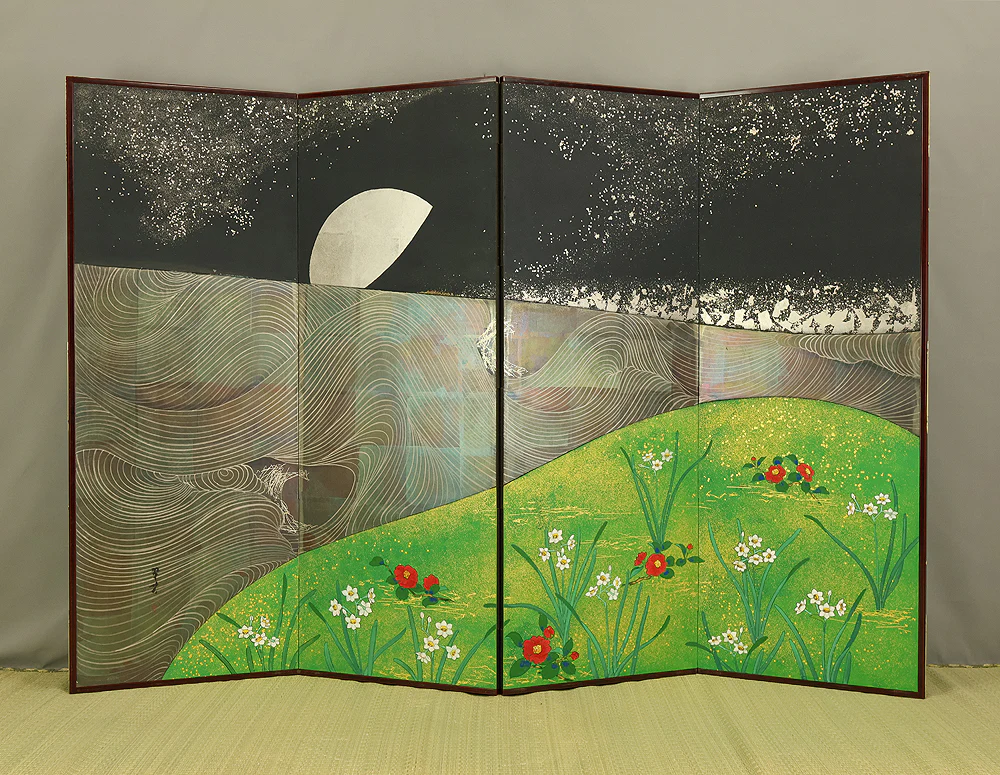 翠芳 Suiho "First Quarter Moon Waves and Flowers" Byobu Four Panels Folding Screens Room Dividers VA960 - Image 2