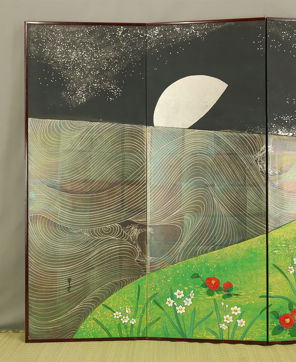 翠芳 Suiho "First Quarter Moon Waves and Flowers" Byobu Four Panels Folding Screens Room Dividers VA960 - Image 22