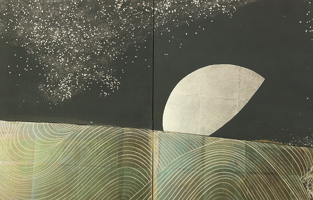 翠芳 Suiho "First Quarter Moon Waves and Flowers" Byobu Four Panels Folding Screens Room Dividers VA960 - Image 23