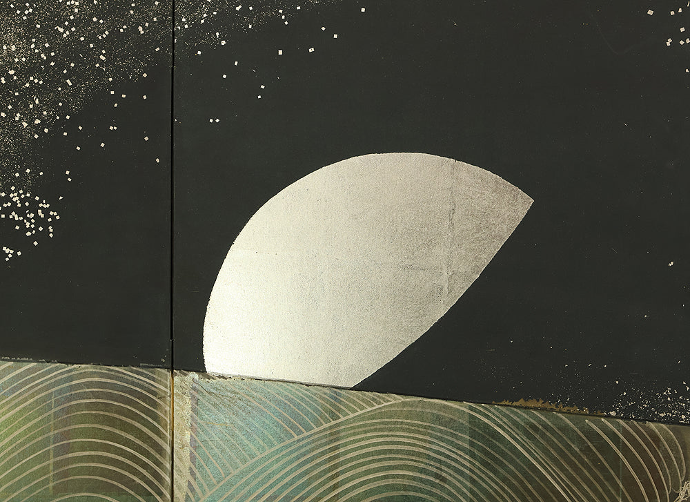 翠芳 Suiho "First Quarter Moon Waves and Flowers" Byobu Four Panels Folding Screens Room Dividers VA960 - Image 24