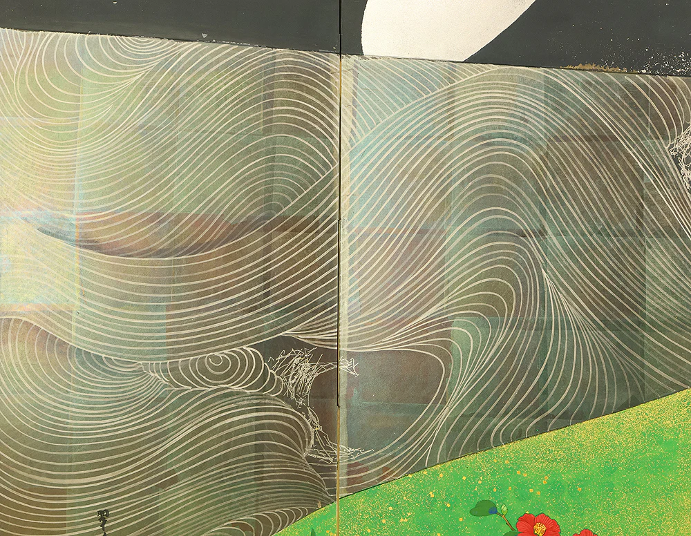 翠芳 Suiho "First Quarter Moon Waves and Flowers" Byobu Four Panels Folding Screens Room Dividers VA960 - Image 26