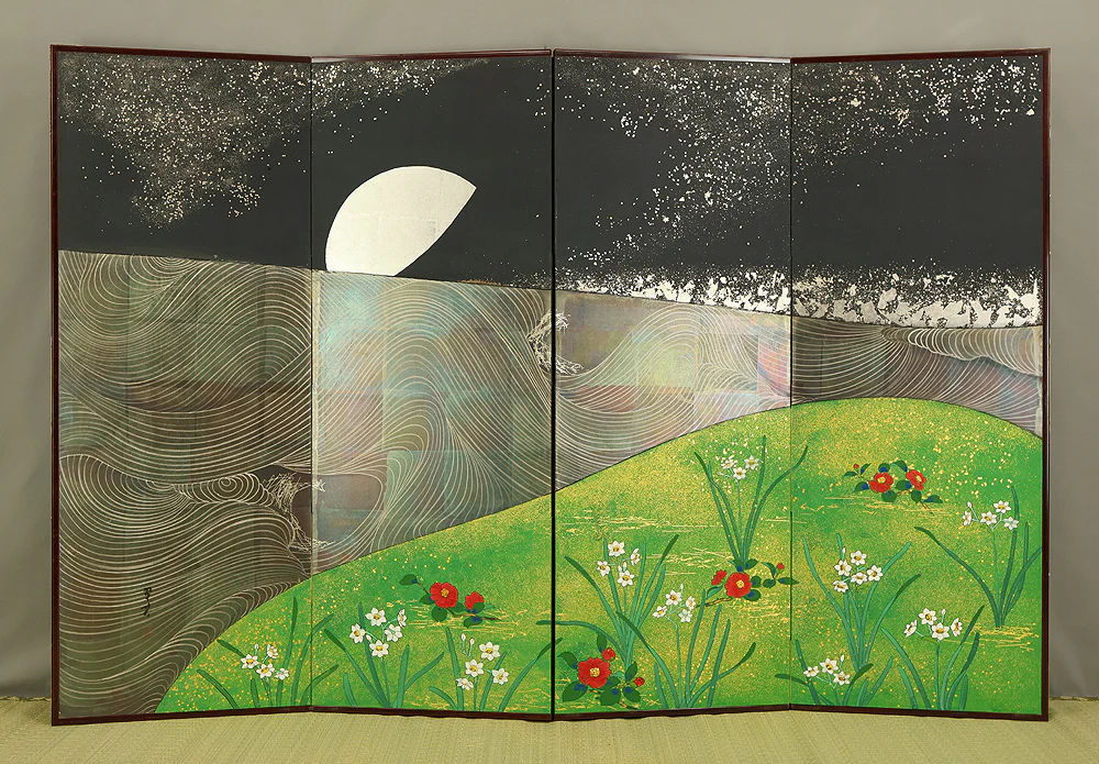 翠芳 Suiho "First Quarter Moon Waves and Flowers" Byobu Four Panels Folding Screens Room Dividers VA960 - Image 3