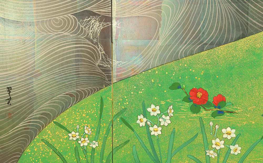 翠芳 Suiho "First Quarter Moon Waves and Flowers" Byobu Four Panels Folding Screens Room Dividers VA960 - Image 30