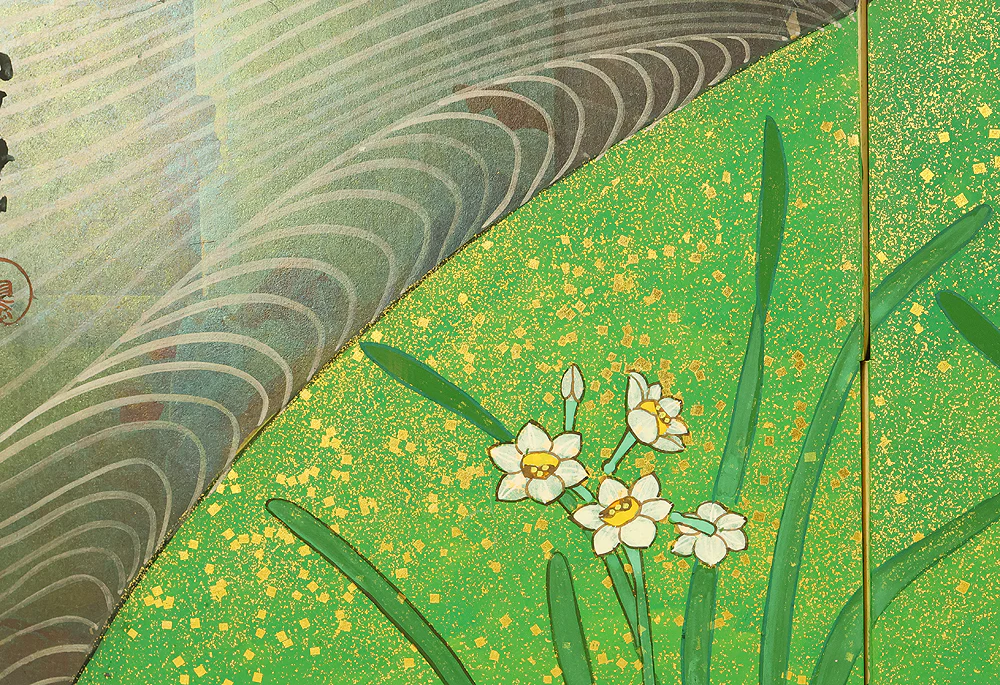 翠芳 Suiho "First Quarter Moon Waves and Flowers" Byobu Four Panels Folding Screens Room Dividers VA960 - Image 34
