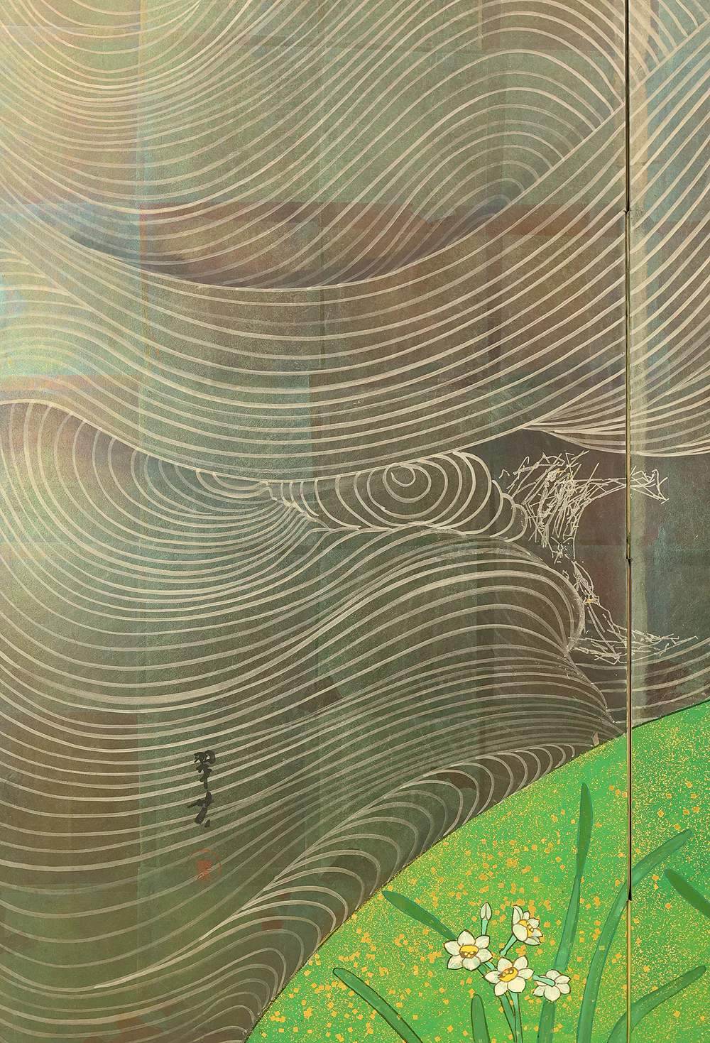 翠芳 Suiho "First Quarter Moon Waves and Flowers" Byobu Four Panels Folding Screens Room Dividers VA960 - Image 35