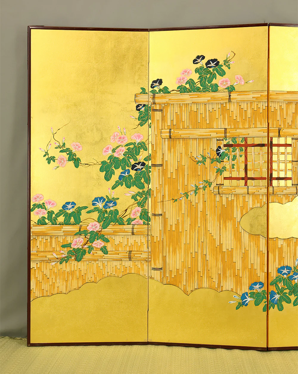 翠芳 Suiho Gold Leaf Morning Glories Blooming on Wall Byobu Four Panels Folding Screens Room Dividers VA961 - Image 4