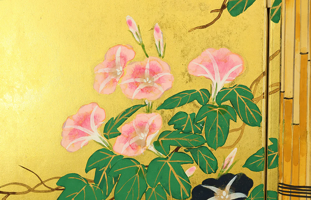 翠芳 Suiho Gold Leaf Morning Glories Blooming on Wall Byobu Four Panels Folding Screens Room Dividers VA961 - Image 9