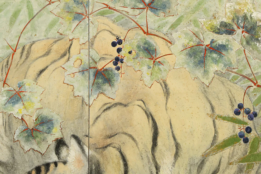 大華 Taika Tiger Lurks in Bamboo Thicket, Wild Grapes Two Panels Folding Screens Byobu Room Dividers VB129 - Image 18