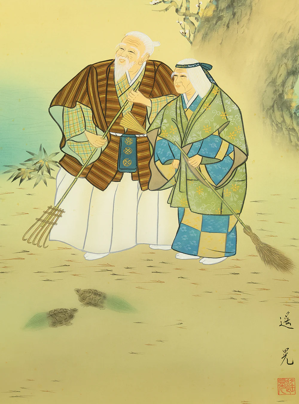 遙晃 Yoko Japanese art kakejiku kakemono wall hanging scroll / Takasago Longeviti Painting - Old couples, Rising Sun, Crane, Turtle, Pine tree, Plum tree, Bamboo with Original Box (Tomobako) RE371 - Image 9