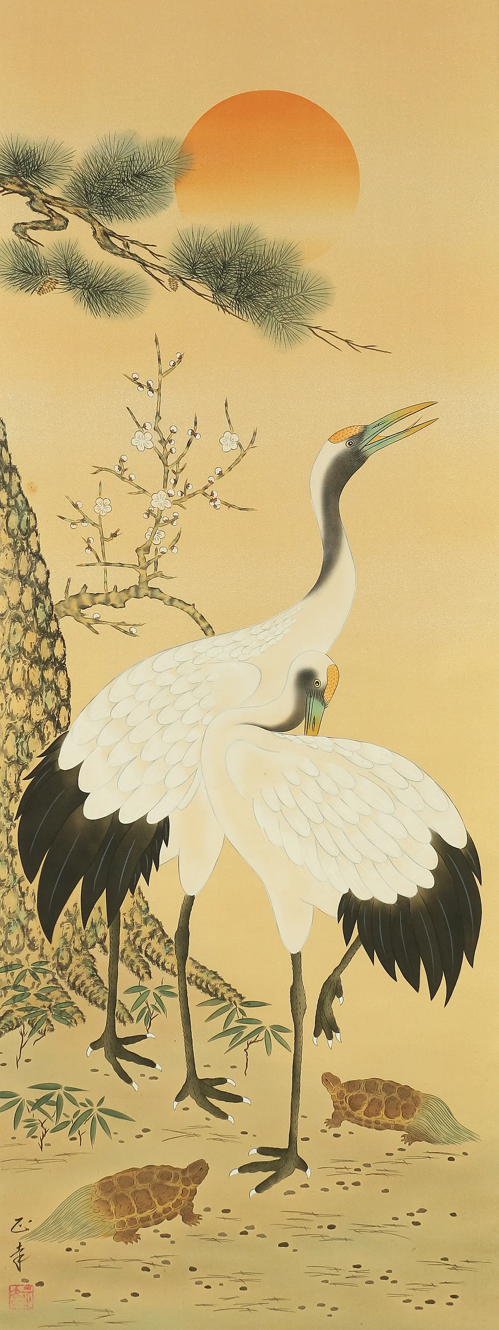 是幸 Zeko Japanese art kakejiku kakemono wall hanging scroll / Auspicious Painting - Rising Sun, Cranes, Turtles, Pine Bamboo Plum with Original Box (Tomobako) RC519 - Image 4