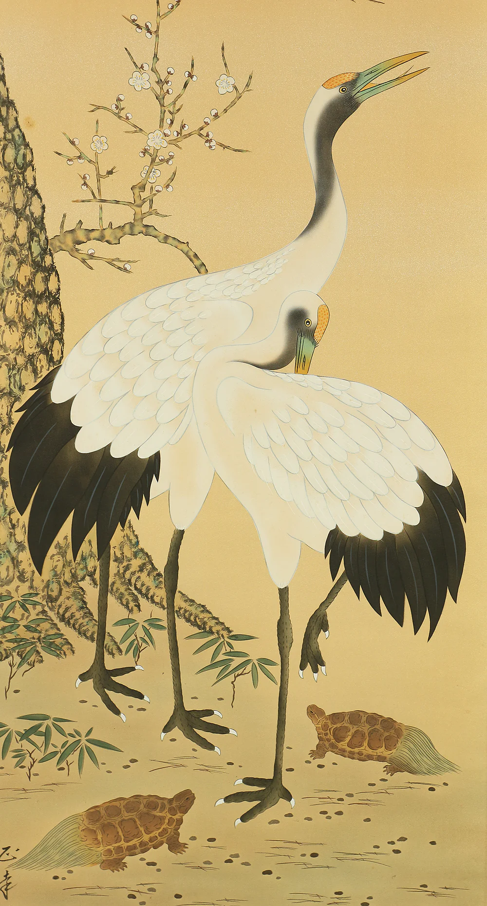 是幸 Zeko Japanese art kakejiku kakemono wall hanging scroll / Auspicious Painting - Rising Sun, Cranes, Turtles, Pine Bamboo Plum with Original Box (Tomobako) RC519 - Image 7