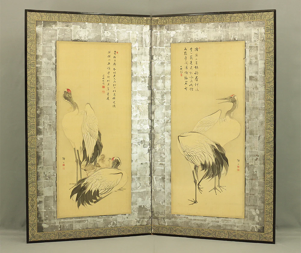 瑞木 Zuimoku Japanese antique Silver Leaf Framed Room divider Byobu 2 panels Folding Screen / Cranes V962