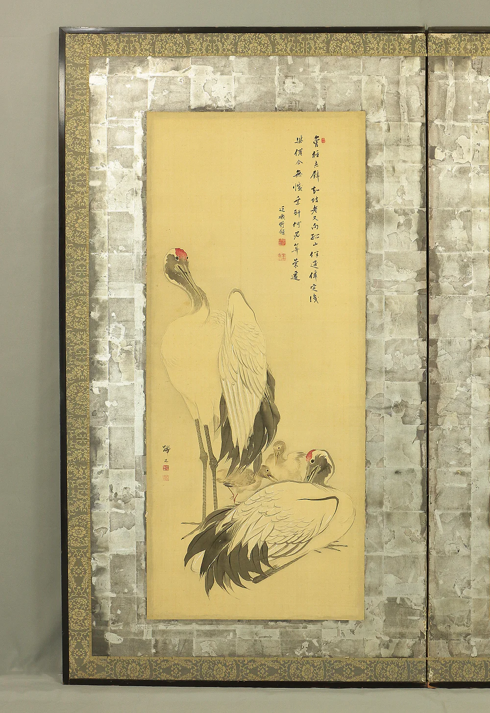 瑞木 Zuimoku Japanese antique Silver Leaf Framed Room divider Byobu 2 panels Folding Screen / Cranes V962 - Image 15