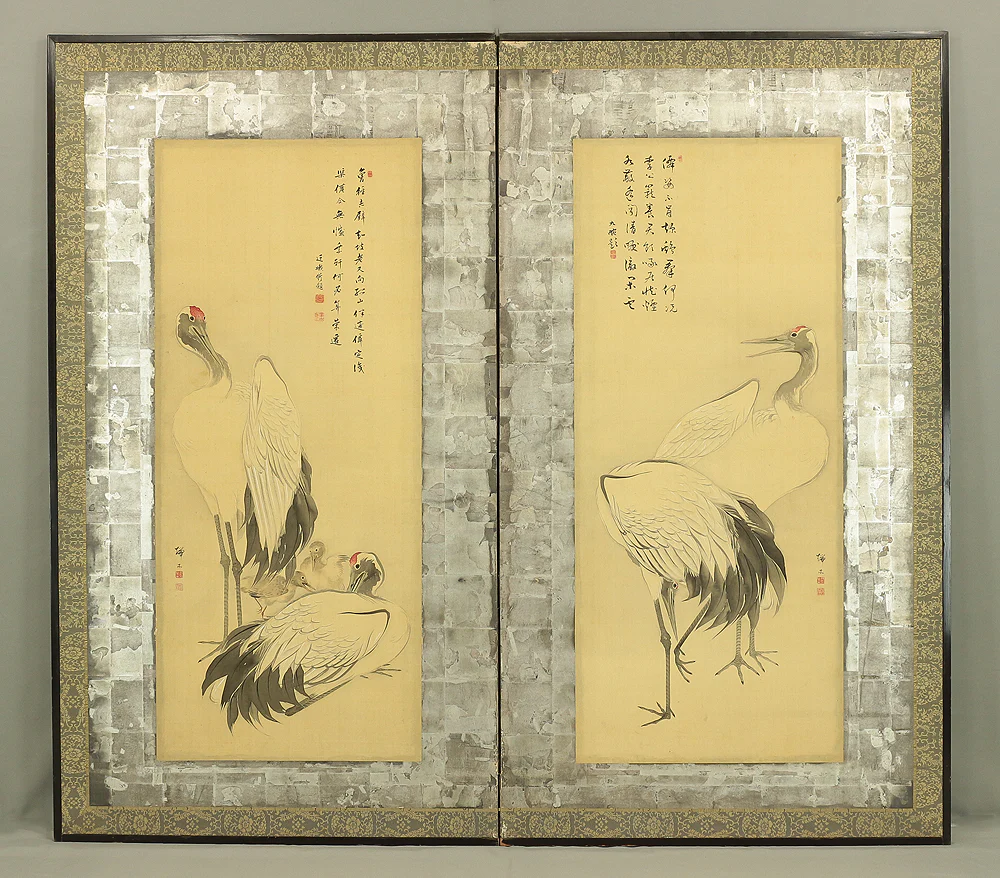 瑞木 Zuimoku Japanese antique Silver Leaf Framed Room divider Byobu 2 panels Folding Screen / Cranes V962 - Image 2