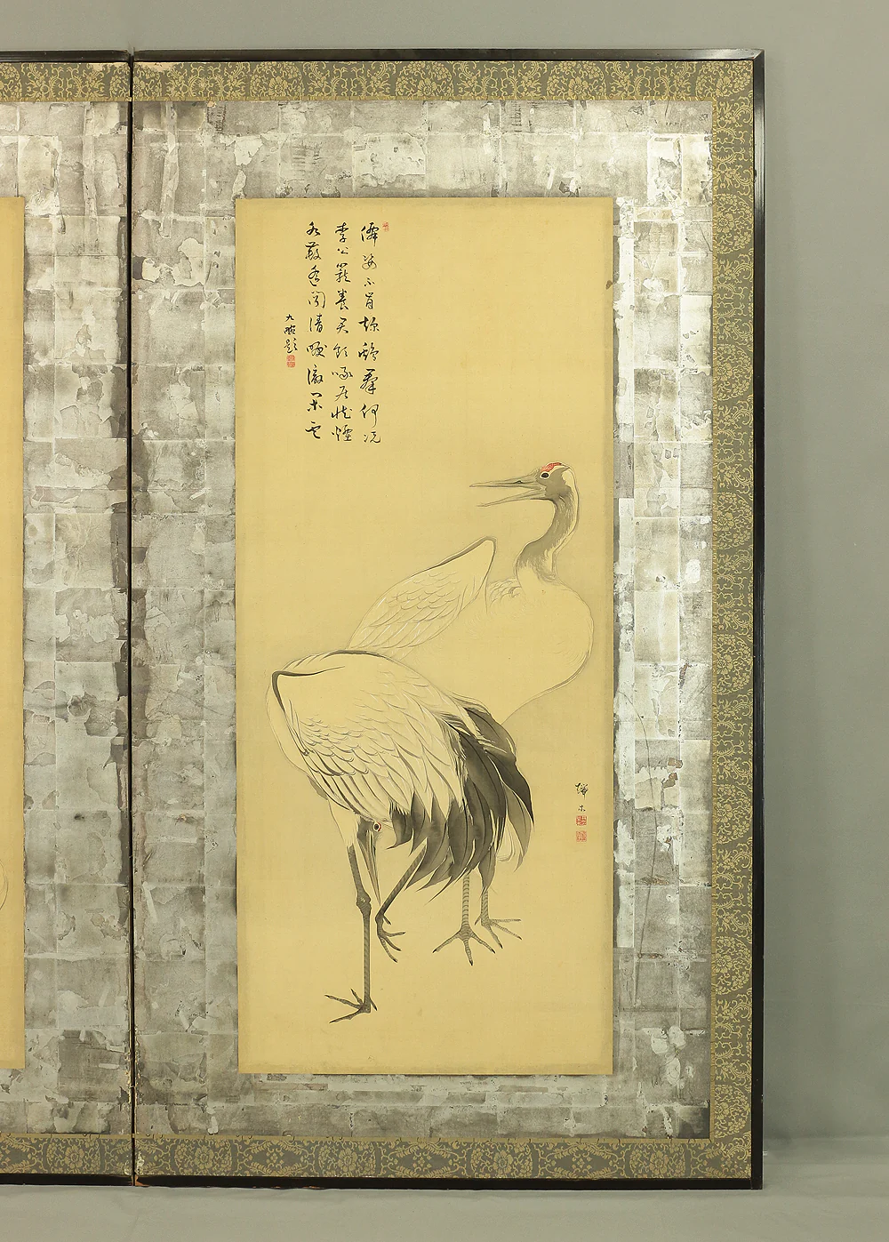 瑞木 Zuimoku Japanese antique Silver Leaf Framed Room divider Byobu 2 panels Folding Screen / Cranes V962 - Image 3