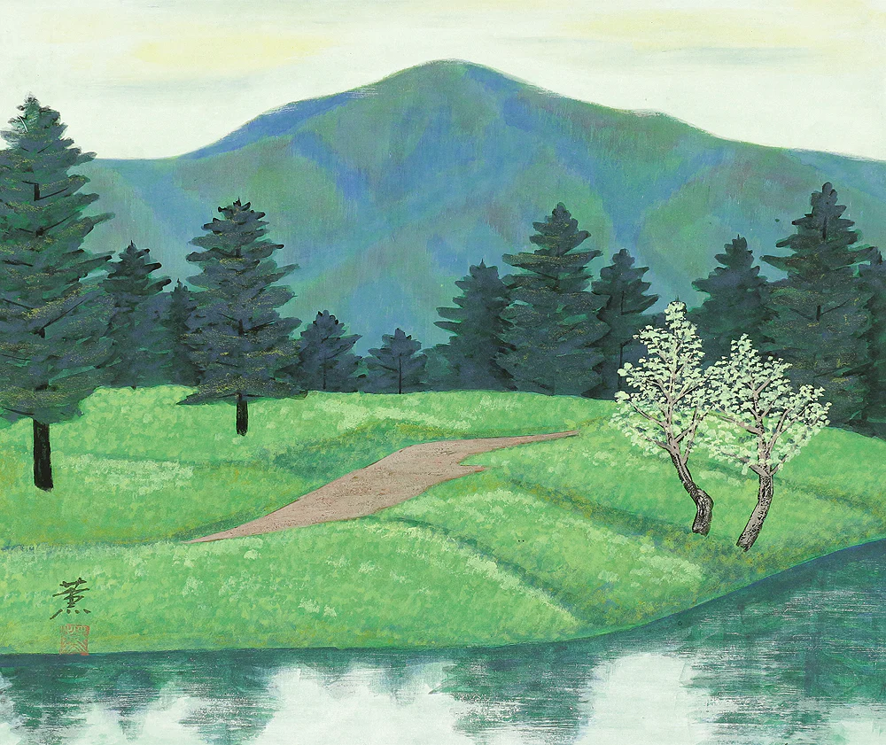 薫 Kaoru 新緑 Shinryoku (Fresh green) Path along a stream with Original Box (Tomobako) / Japanese art kakejiku kakemono wall hanging scroll A164