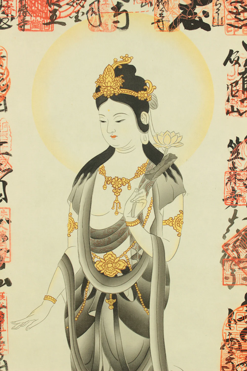 100 Kannon Pilgrimage (Bando 33, and Chichibu 34) 坂東三十三所, 秩父三十四所 - Kannon Pilgrimage Shokannon 聖観音 (Avalokitesvara Bodhisattva standing) / Japanese Buddhism art kakejiku kakemono wall hanging scroll RD680 - Image 7