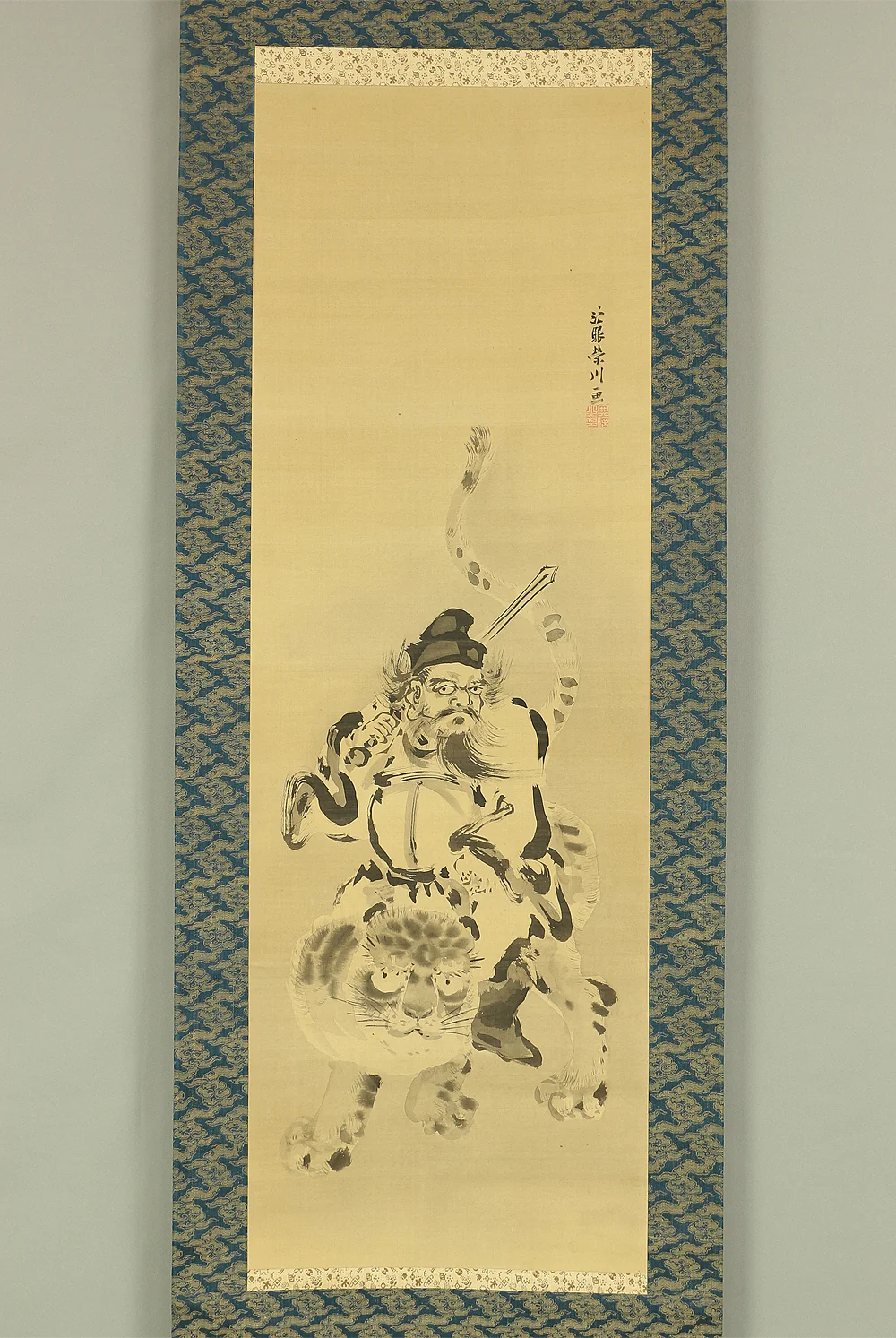 Attributed to 狩野栄川院典信 Kano Eisenin Michinobu (1730-1790) Japanese antique art kakejiku kakemono wall hanging scroll / Suiboku Ink Shōki (Zhong Kui) and Tiger with Box RC689