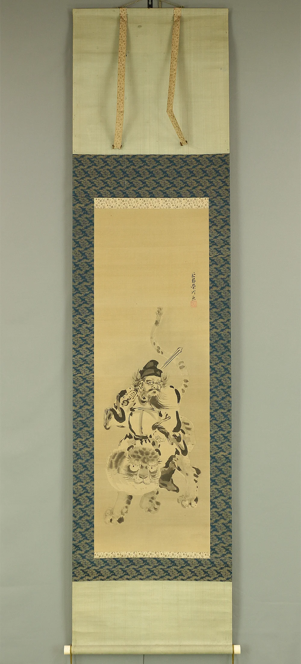 Attributed to 狩野栄川院典信 Kano Eisenin Michinobu (1730-1790) Japanese antique art kakejiku kakemono wall hanging scroll / Suiboku Ink Shōki (Zhong Kui) and Tiger with Box RC689 - Image 2