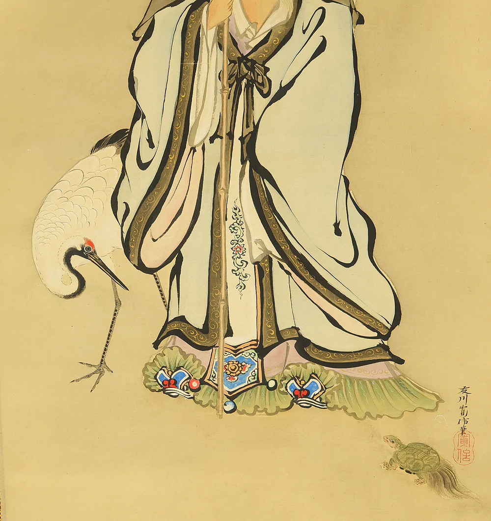 狩野融川 Kano Yusen (1778-1815) Japanese antique art kakejiku kakemono wall hanging scroll / Jurojin (God of longevity), Crane and Tortoise with Box RE682 - Image 10