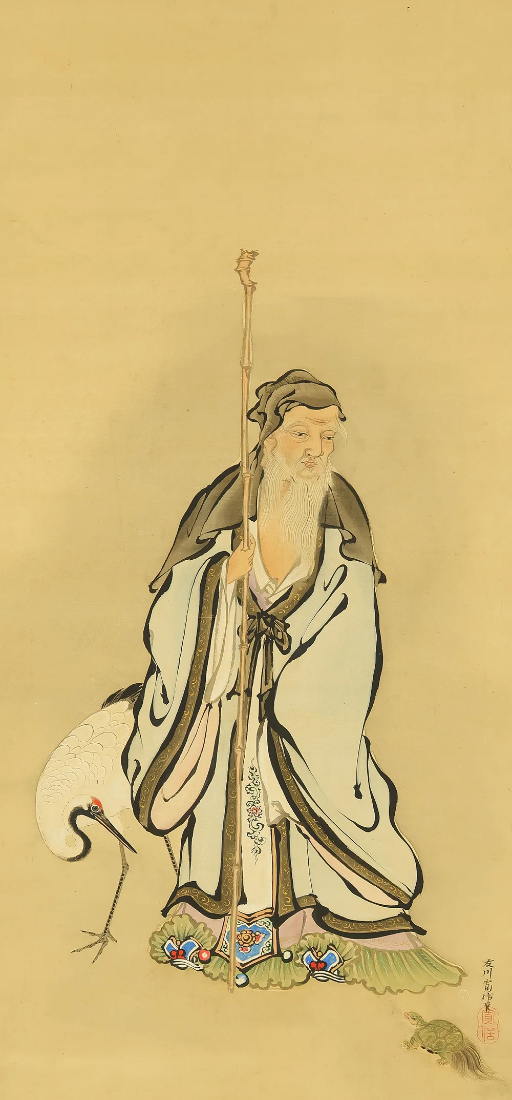 狩野融川 Kano Yusen (1778-1815) Japanese antique art kakejiku kakemono wall hanging scroll / Jurojin (God of longevity), Crane and Tortoise with Box RE682 - Image 4