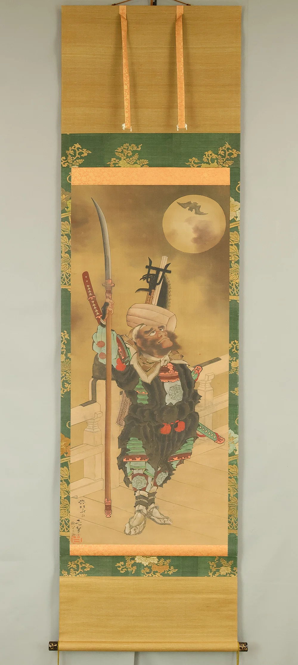 Attributed to 葛飾北斎 Katsushika Hokusai (1760-1849) Japanese antique art kakejiku kakemono wall hanging scroll / 武蔵坊弁慶 Musashibo Benkei Gazing up Moon and Smiling, Flying Bat with Double Box RE635 - Image 2