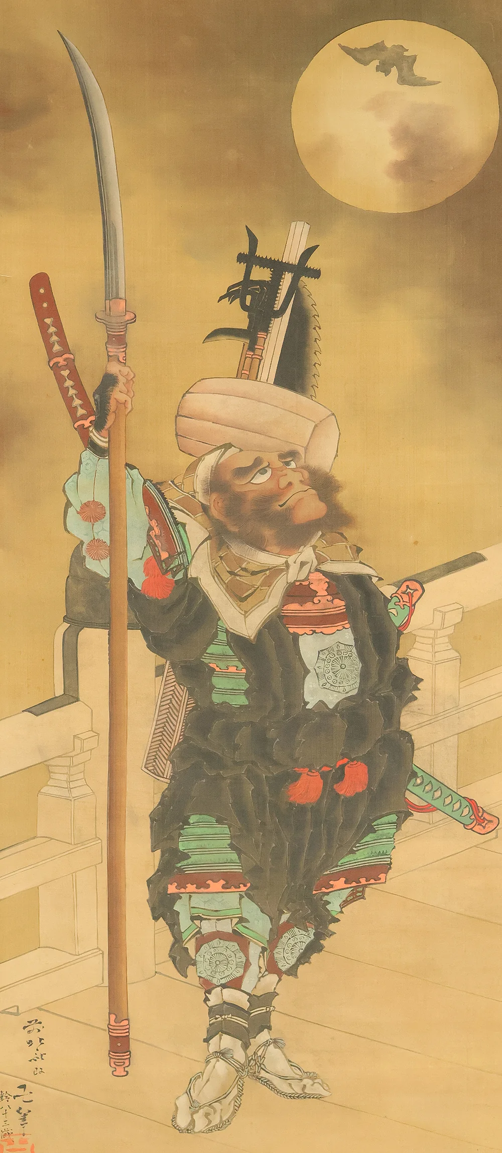 Attributed to 葛飾北斎 Katsushika Hokusai (1760-1849) Japanese antique art kakejiku kakemono wall hanging scroll / 武蔵坊弁慶 Musashibo Benkei Gazing up Moon and Smiling, Flying Bat with Double Box RE635 - Image 4