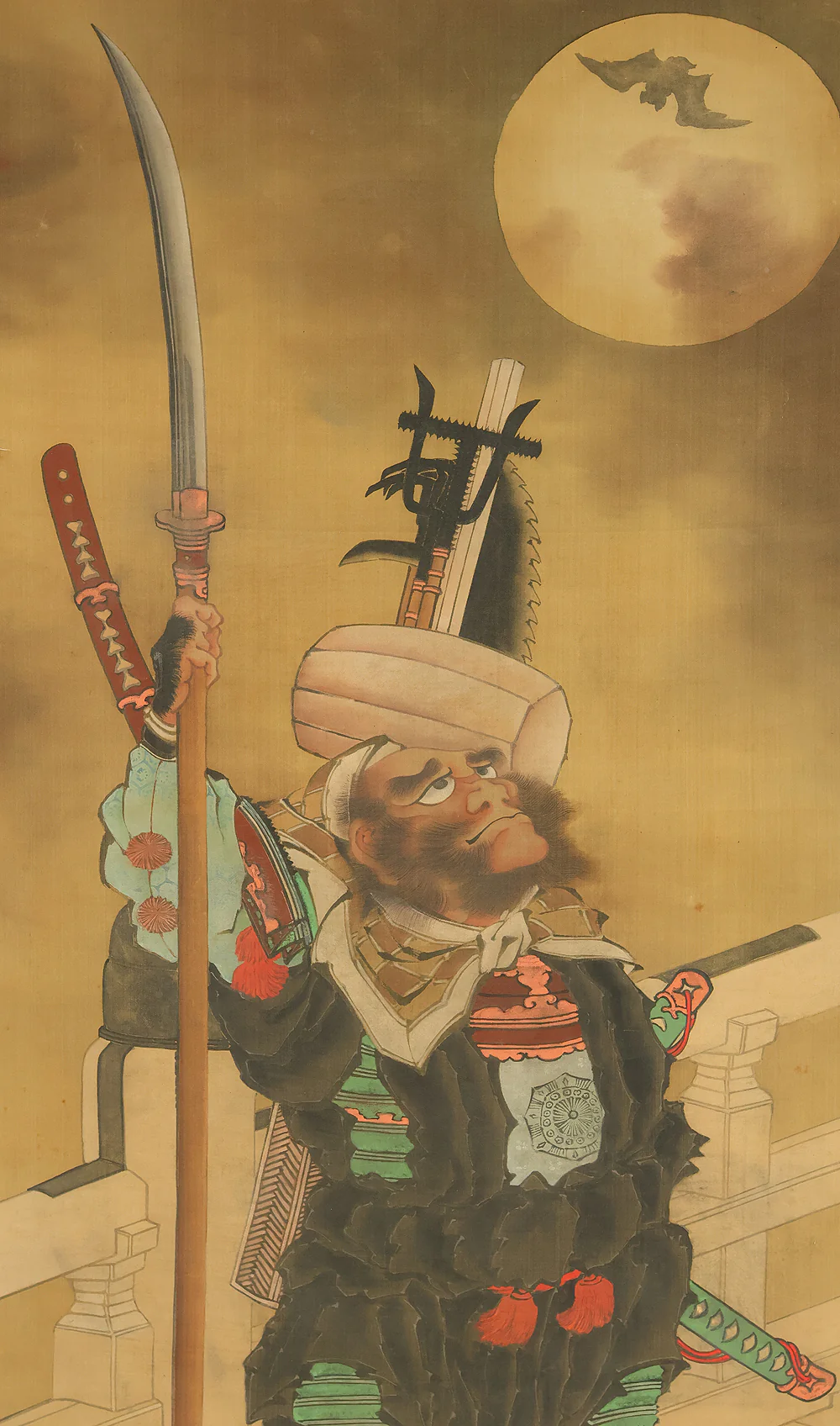 Attributed to 葛飾北斎 Katsushika Hokusai (1760-1849) Japanese antique art kakejiku kakemono wall hanging scroll / 武蔵坊弁慶 Musashibo Benkei Gazing up Moon and Smiling, Flying Bat with Double Box RE635 - Image 8