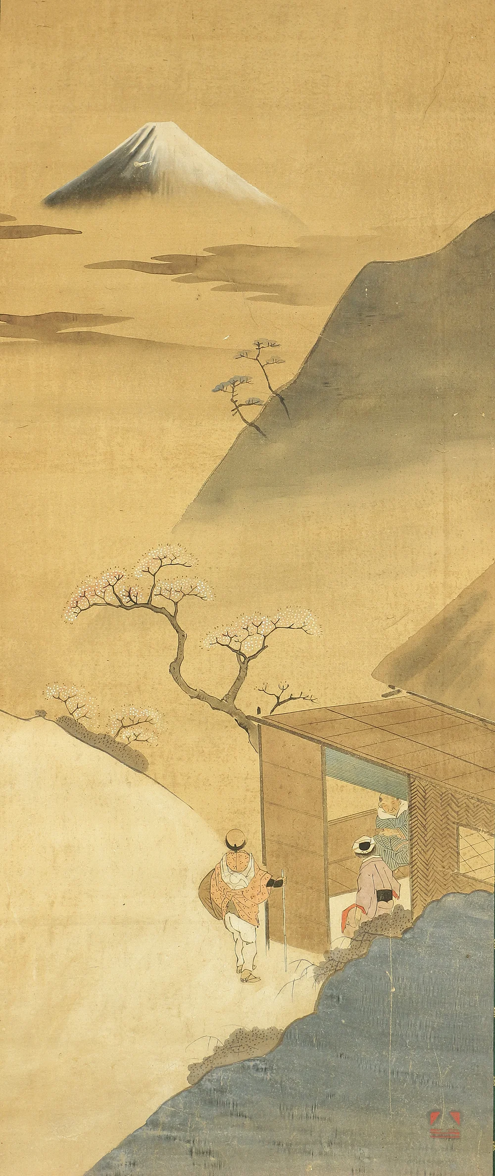 Attributed to 葛飾北斎 Katsushika Hokusai (1760-1849) Japanese antique art kakejiku kakemono wall hanging scroll / Mt Fuji Landscapes and People Taking a Break with Box RC127 - Image 4