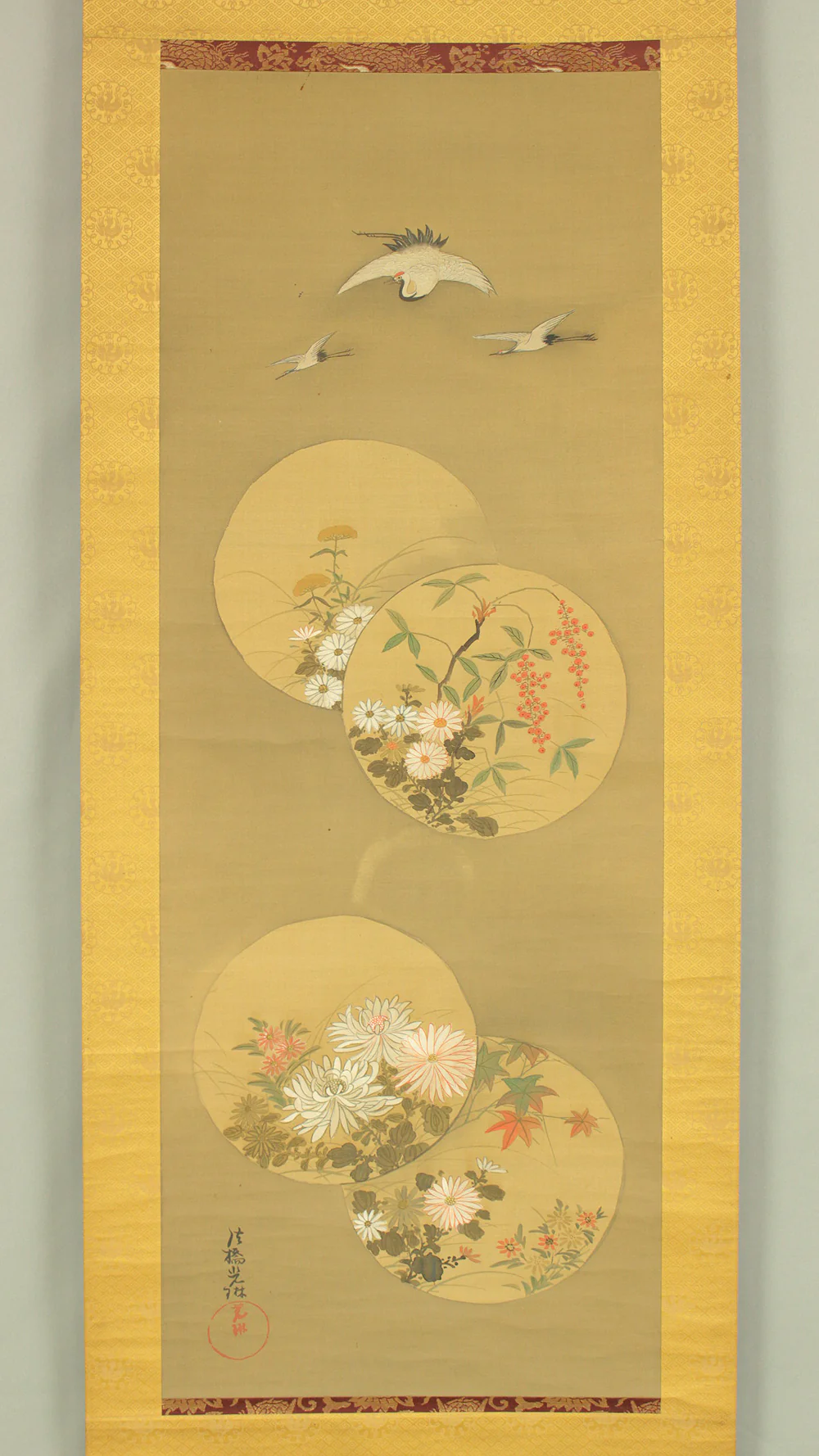 Attributed to 尾形光琳 Ogata Korin (1658-1716) Japanese antique art kakejiku kakemono wall hanging scroll / Cranes, Chrysanthemums, and Nandina with Original Double Box (Tomobako) RD432