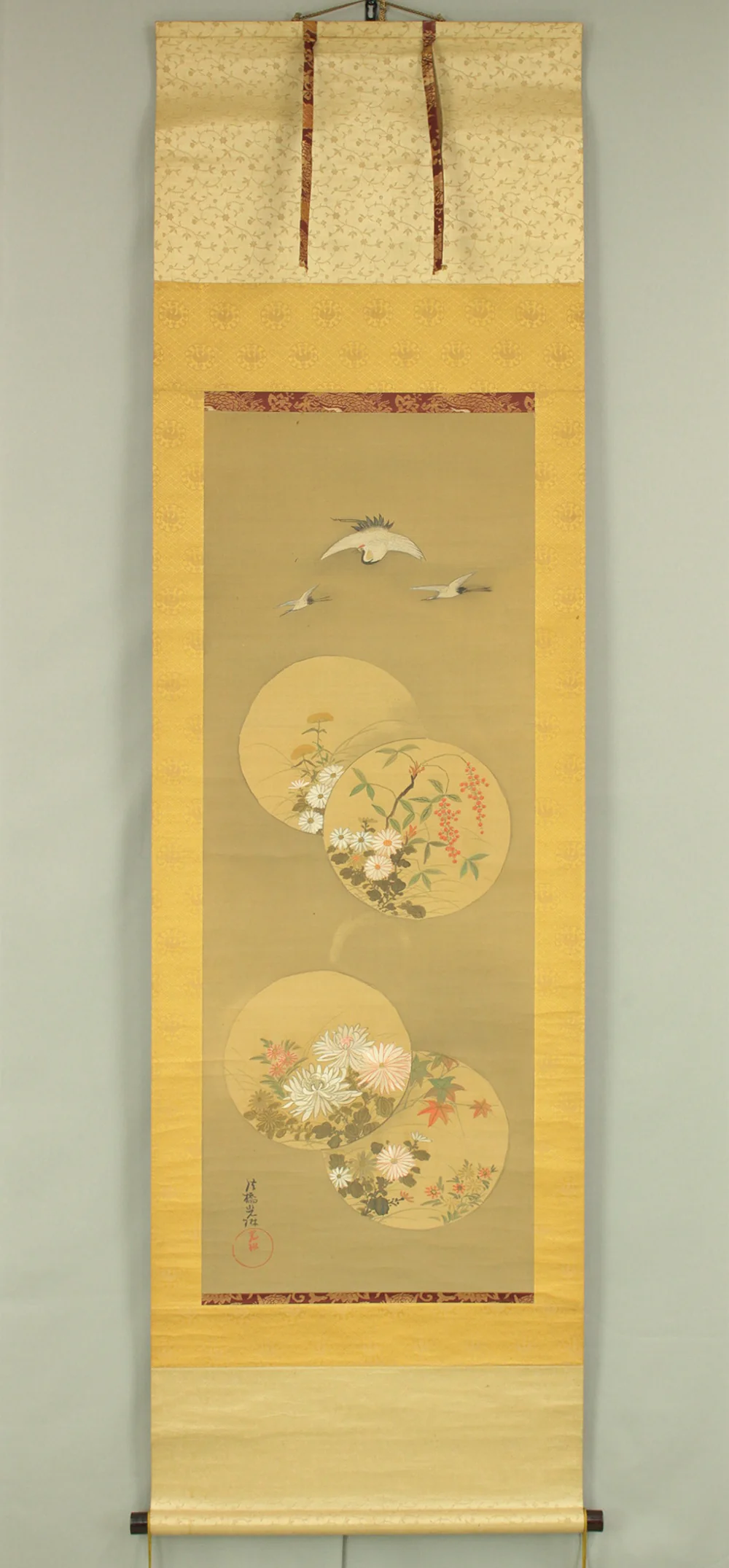 Attributed to 尾形光琳 Ogata Korin (1658-1716) Japanese antique art kakejiku kakemono wall hanging scroll / Cranes, Chrysanthemums, and Nandina with Original Double Box (Tomobako) RD432 - Image 2