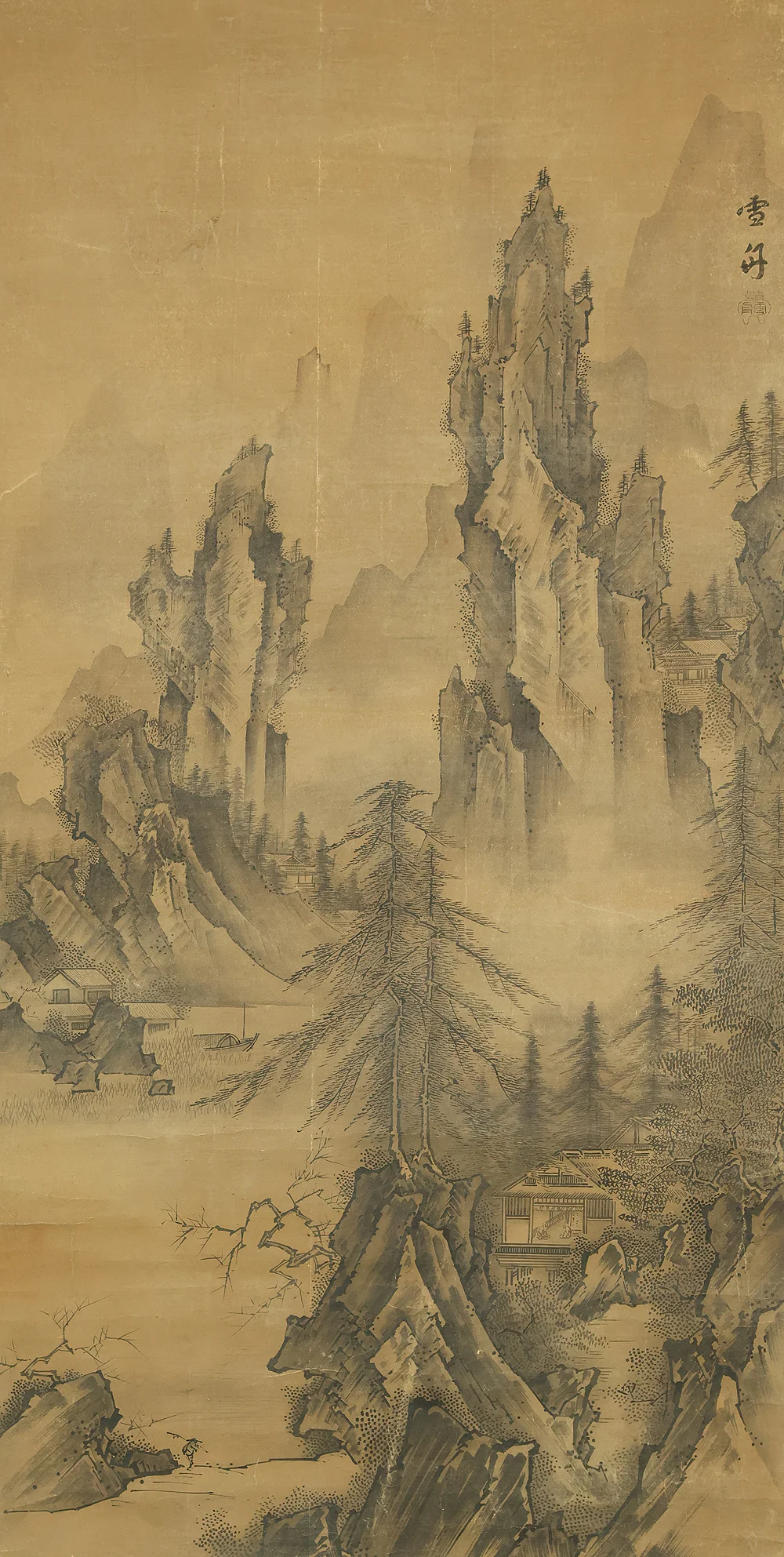 Attributed to 雪舟等楊 Sesshu Toyo (1420-1506) Japanese antique art a set of three kakejiku kakemono wall hanging scrolls / Broken Ink Landscape (Haboku Sansui) Suiboku Ink Landscape Mountains Rivers and Three Wise Men with Appraised Box RE445 - Image 4