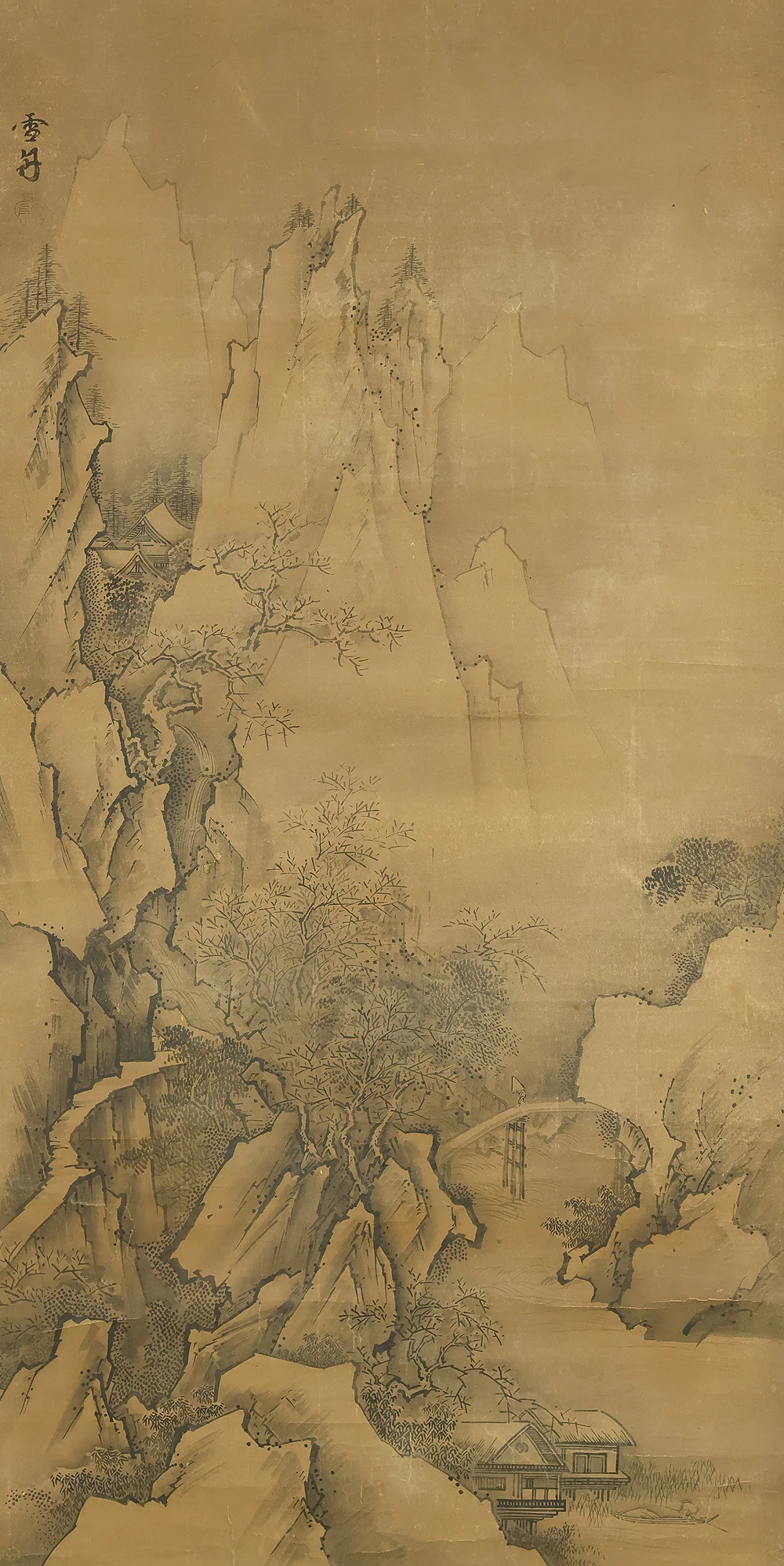 Attributed to 雪舟等楊 Sesshu Toyo (1420-1506) Japanese antique art a set of three kakejiku kakemono wall hanging scrolls / Broken Ink Landscape (Haboku Sansui) Suiboku Ink Landscape Mountains Rivers and Three Wise Men with Appraised Box RE445 - Image 47