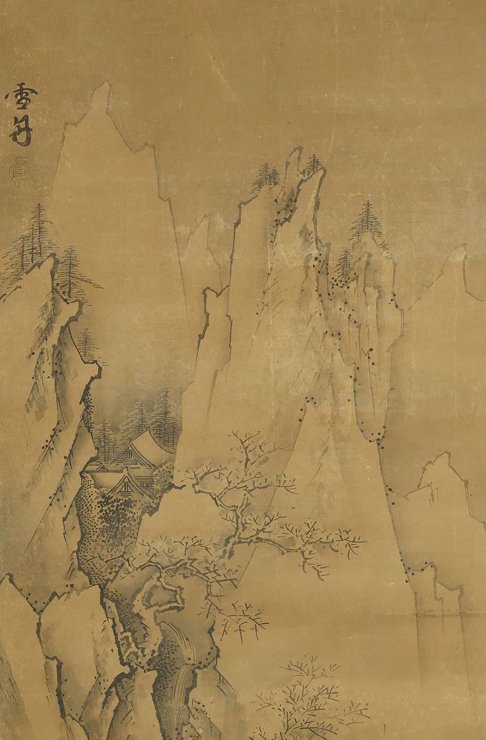 Attributed to 雪舟等楊 Sesshu Toyo (1420-1506) Japanese antique art a set of three kakejiku kakemono wall hanging scrolls / Broken Ink Landscape (Haboku Sansui) Suiboku Ink Landscape Mountains Rivers and Three Wise Men with Appraised Box RE445 - Image 48
