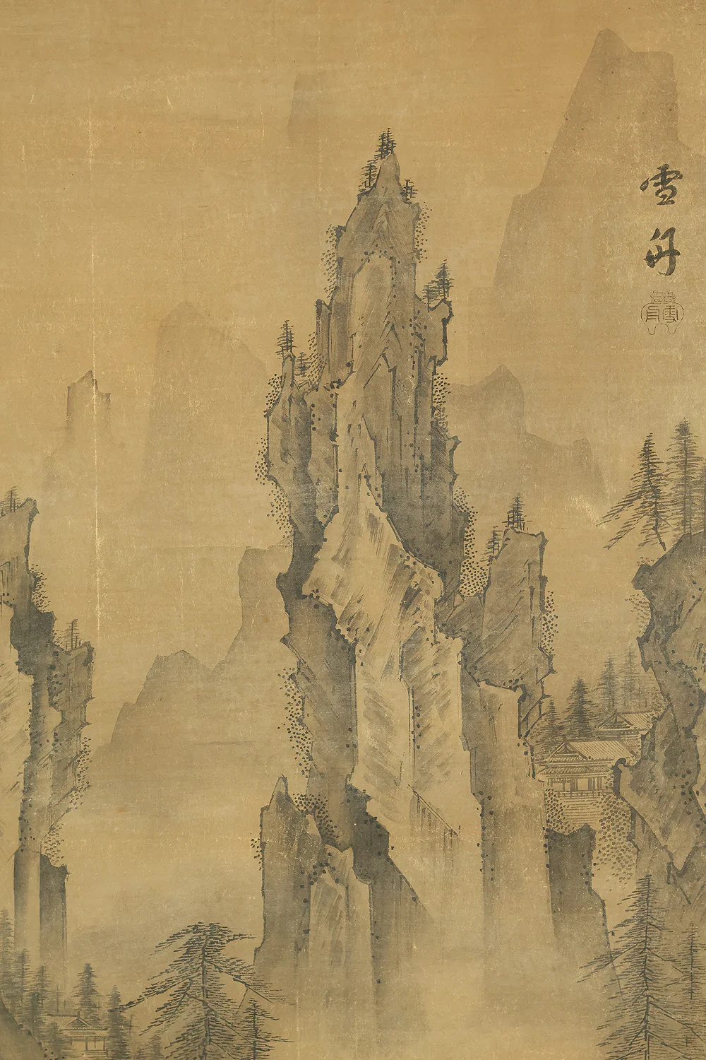Attributed to 雪舟等楊 Sesshu Toyo (1420-1506) Japanese antique art a set of three kakejiku kakemono wall hanging scrolls / Broken Ink Landscape (Haboku Sansui) Suiboku Ink Landscape Mountains Rivers and Three Wise Men with Appraised Box RE445 - Image 5