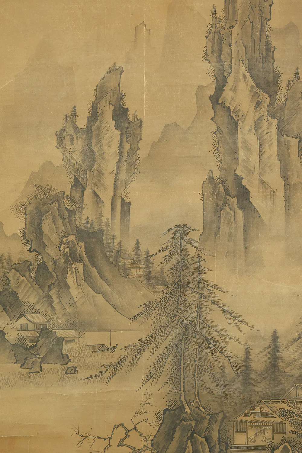 Attributed to 雪舟等楊 Sesshu Toyo (1420-1506) Japanese antique art a set of three kakejiku kakemono wall hanging scrolls / Broken Ink Landscape (Haboku Sansui) Suiboku Ink Landscape Mountains Rivers and Three Wise Men with Appraised Box RE445 - Image 8