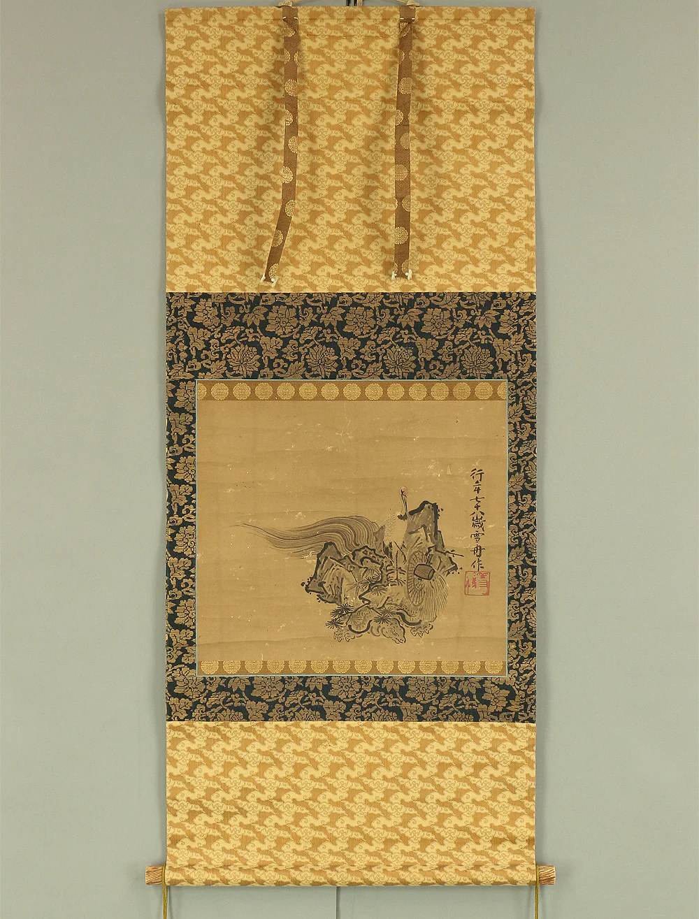 Attributed to 雪舟等楊 Sesshu Toyo (1420-1506) Japanese antique art kakejiku kakemono wall hanging scroll / Mount Horai on Back of Sacred Turtle, Crane and Pine Bamboo Plum RC418 - Image 2