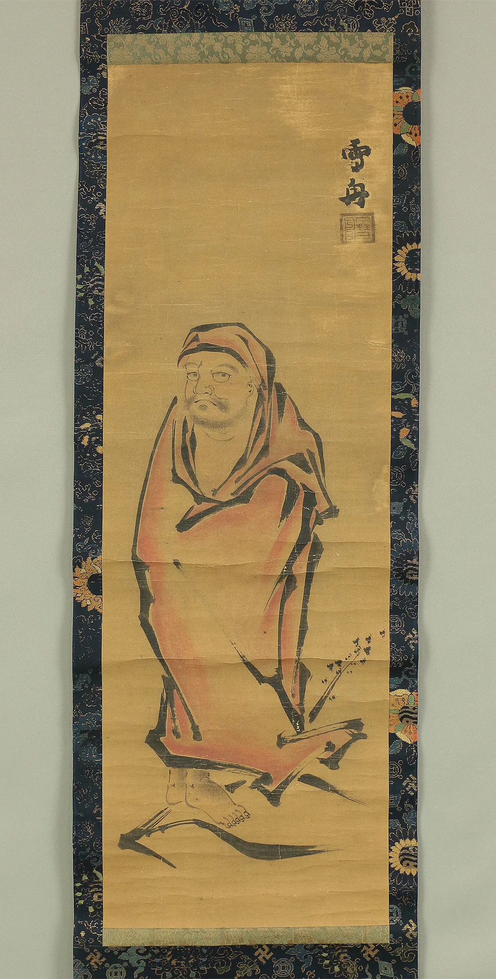 Attributed to 雪舟等楊 Sesshu Toyo (1420-1506) Japanese antique art kakejiku kakemono wall hanging scroll / 蘆葉赤衣達磨 Royo Red Daruma (Red Bodhidharma on Reed) RC195