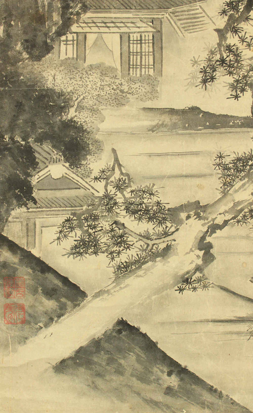 Attributed to 曾我蕭白 Soga Shohaku (1730-1781) Japanese antique art kakejiku kakemono wall hanging scroll / Broken Ink Landscape (Haboku Sansui) Mountains Castles RD563 - Image 15