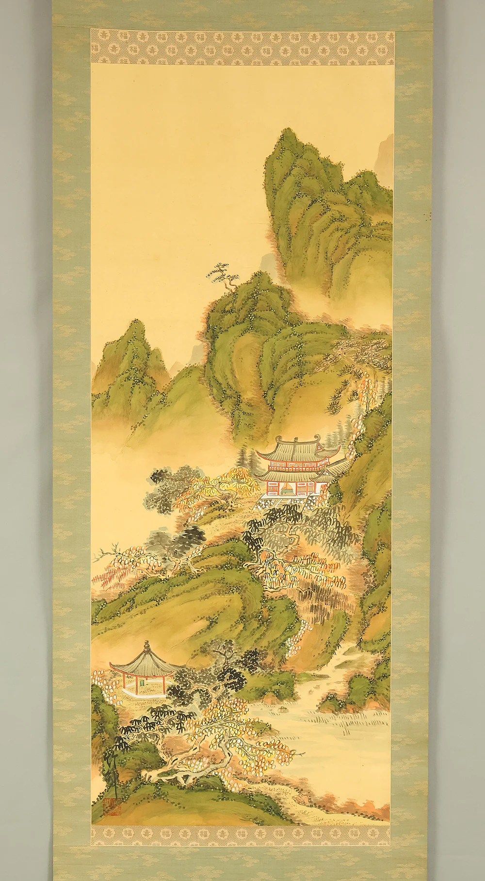 Attributed to 田近竹邨 Tajika Chikuson (1864-1926) Japanese art kakejiku kakemono wall hanging scroll / Blue and Green Mountains Landscape Castle and Pine Tree with Box RE302