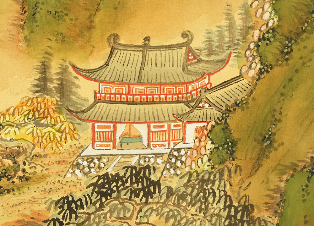Attributed to 田近竹邨 Tajika Chikuson (1864-1926) Japanese art kakejiku kakemono wall hanging scroll / Blue and Green Mountains Landscape Castle and Pine Tree with Box RE302 - Image 10