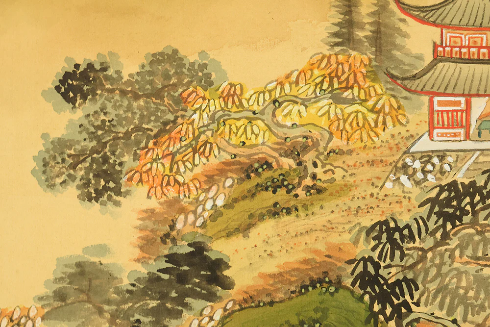 Attributed to 田近竹邨 Tajika Chikuson (1864-1926) Japanese art kakejiku kakemono wall hanging scroll / Blue and Green Mountains Landscape Castle and Pine Tree with Box RE302 - Image 11