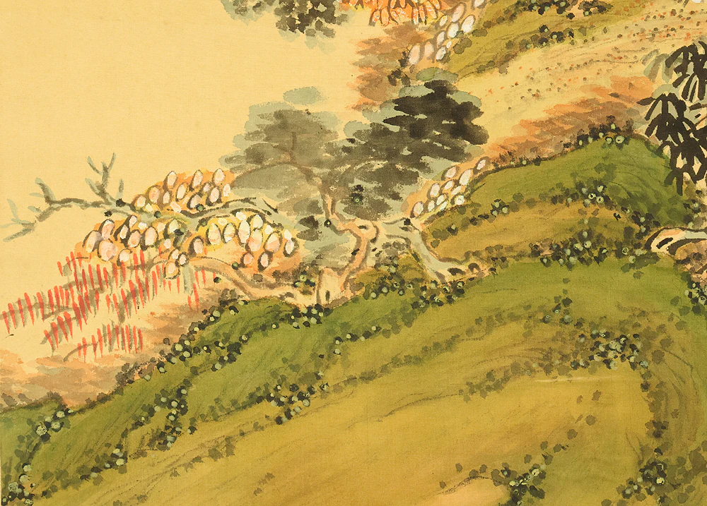 Attributed to 田近竹邨 Tajika Chikuson (1864-1926) Japanese art kakejiku kakemono wall hanging scroll / Blue and Green Mountains Landscape Castle and Pine Tree with Box RE302 - Image 13