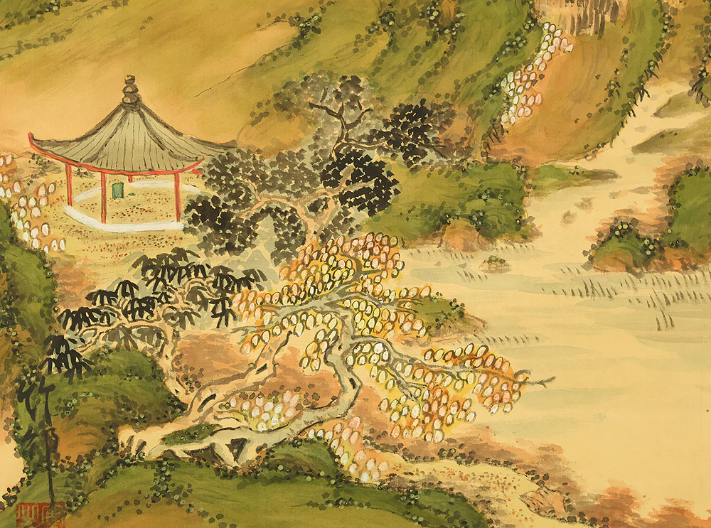 Attributed to 田近竹邨 Tajika Chikuson (1864-1926) Japanese art kakejiku kakemono wall hanging scroll / Blue and Green Mountains Landscape Castle and Pine Tree with Box RE302 - Image 14