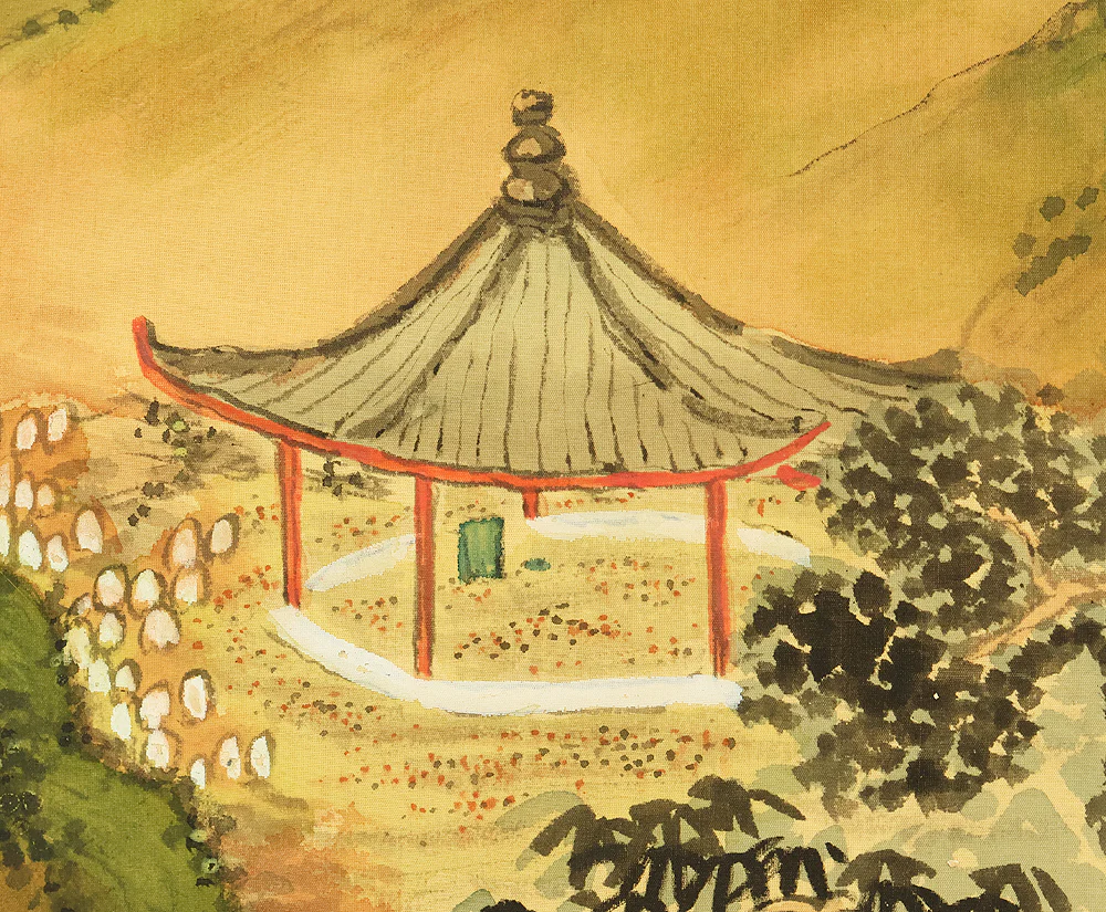Attributed to 田近竹邨 Tajika Chikuson (1864-1926) Japanese art kakejiku kakemono wall hanging scroll / Blue and Green Mountains Landscape Castle and Pine Tree with Box RE302 - Image 15