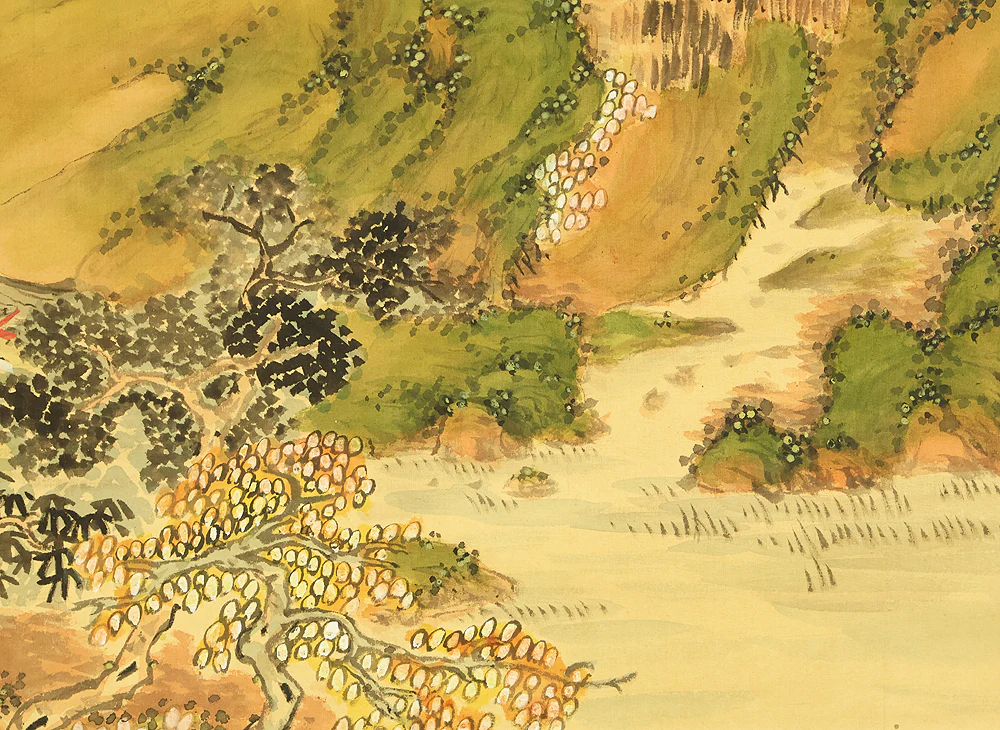 Attributed to 田近竹邨 Tajika Chikuson (1864-1926) Japanese art kakejiku kakemono wall hanging scroll / Blue and Green Mountains Landscape Castle and Pine Tree with Box RE302 - Image 16