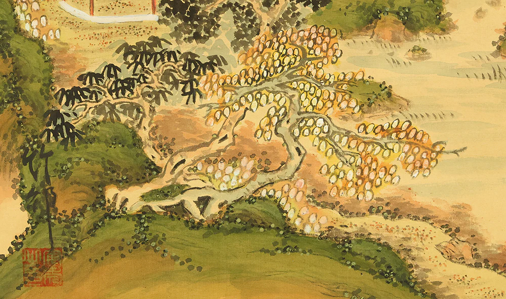 Attributed to 田近竹邨 Tajika Chikuson (1864-1926) Japanese art kakejiku kakemono wall hanging scroll / Blue and Green Mountains Landscape Castle and Pine Tree with Box RE302 - Image 17